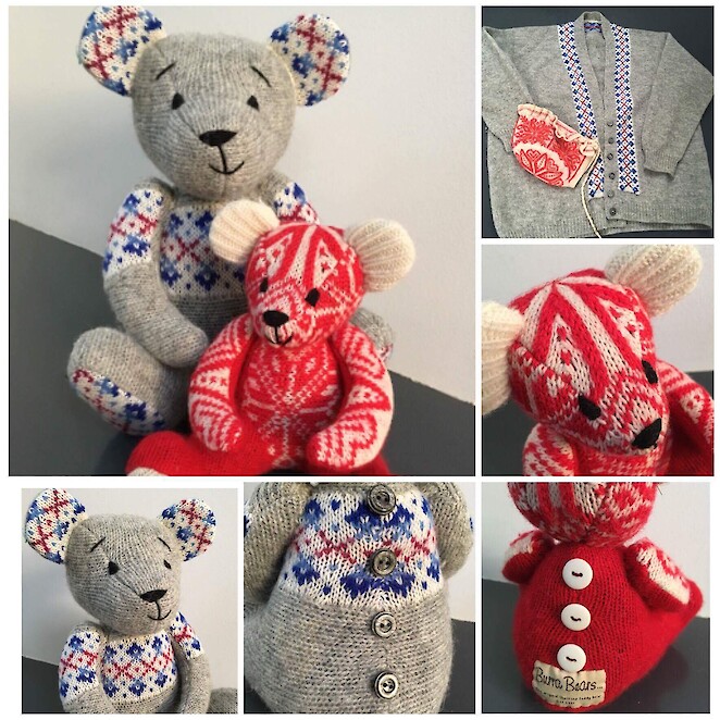 Meet Lizzie o’ Roseville and Johnnie o’ Burravoe, made from a Fair Isle edge cardigan and bonnet belonging to my customers Grandmother who was a keen knitter, they have been transformed into Burra Bears as a keepsake for herself and her brother, and a little reminder of a much loved Granny.